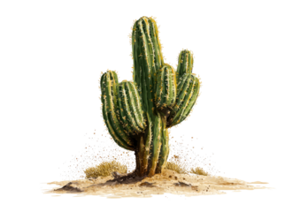 Digitally created illustration of a large, green cactus on a patch of sand with dark background