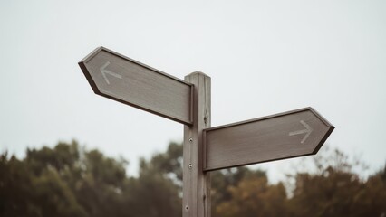 Wooden sign with arrows pointing opposite directions against muted sky