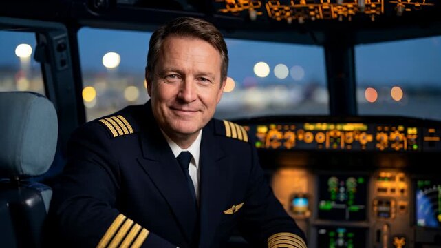 Pilot is positioned in front of flight controls preparing for takeoff. The cockpit is well-lit and shows various instruments while city lights glow outside