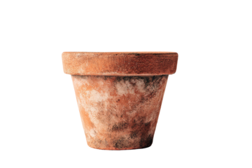 A weathered, unglazed terra cotta pot isolated on black, ready for soil and new plant