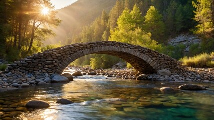 Serene stone bridge arching over a tranquil river, surrounded by lush greenery and mountains at sunset