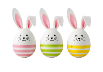 Three Easter Bunny Eggs with Striped Patterns isolated on a transparent background