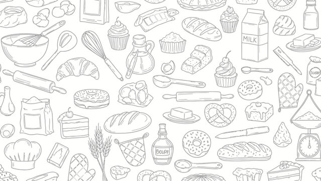 Hand-Drawn Baking Ingredients and Utensils Pattern - A Whimsical Bakery Illustration