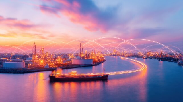 City skyline with industrial area and ship on water at sunset