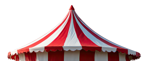 A vibrant, overhead shot of a classic, red and white striped big top tent against a black backdrop