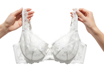 White Lace Bra Held by Hands isolated on a transparent background