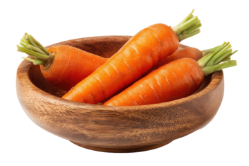 Close-up of four fresh carrots with green tops nestled within a wooden bowl
