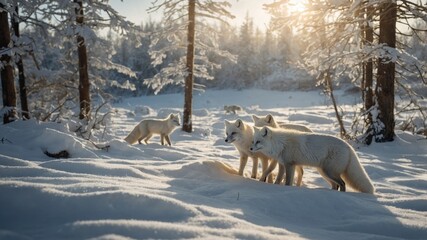 A pack of arctic foxes plays in the snowy forest, with sunlight filtering through the trees