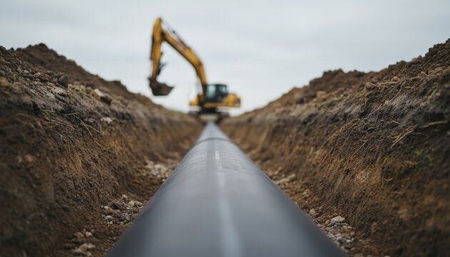 Black pipeline extending through an excavated trench with an excavator blurring in the background, signifying ongoing infrastructure development and underground utility installation