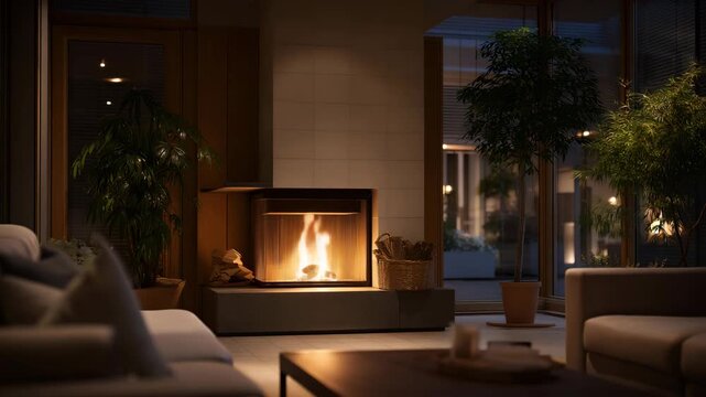 Evening scene with a modern fireplace illuminating a refined living room, warm light balancing sleek design and cozy atmosphere. cinematic color correction, natural uneven lighting yet gentle