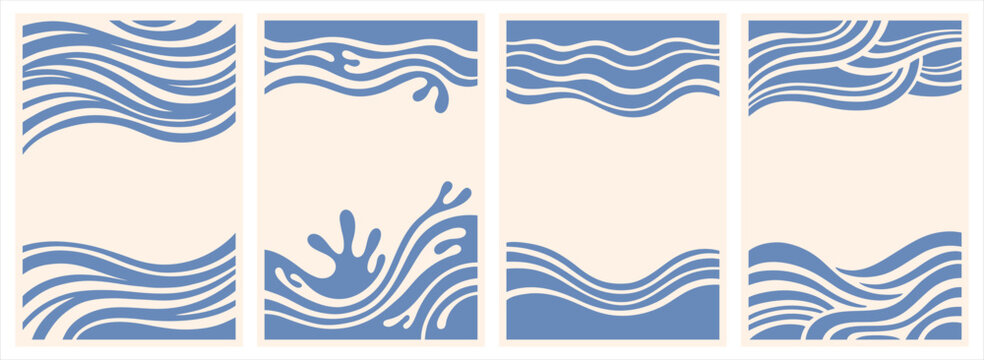 Sea water waves rectangle abstract backgrounds, marine borders, watery frames collection. Hand drawn wavy uneven artistic lines, stripes splashes organic blob shapes. Copy space for text.