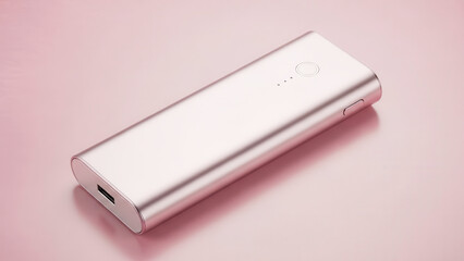 A portable, slim power bank in a light metallic rose gold color, with a sleek minimalist design, placed on a soft pink background