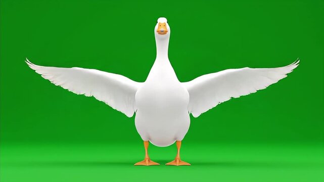 White domestic goose flapping its large wings on a green screen background.