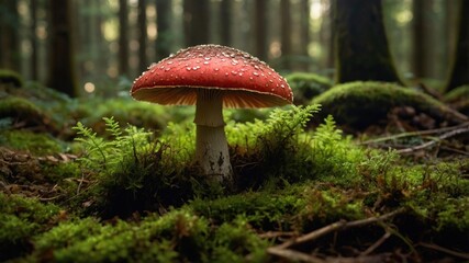Vibrant red mushroom stands amidst lush green moss in a serene forest, with soft light filtering through trees