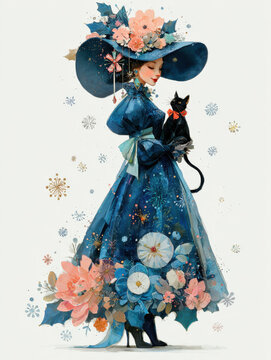 Elegant Woman in Floral Dress with Black Cat, Whimsical Fashion Art
