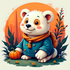 Cute Bear Cub with Pumpkin in Autumn Landscape