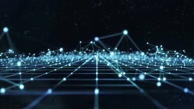 Futuristic digital network landscape with glowing blue nodes and connecting lines on grid surface, abstract technology background representing data connectivity, artificial intelligence