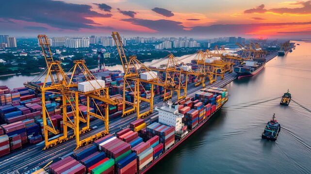 Container cargo ship and plane operations at sunrise in logistics and transport industry