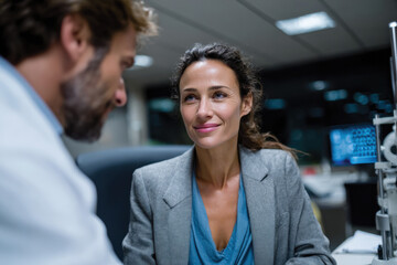 A joyful interaction between a male and a female lab professional captures the essence of teamwork and connection within a healthcare research environment.