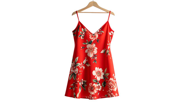 Sleeveless red dress with white & pink floral pattern, hung on wooden hanger