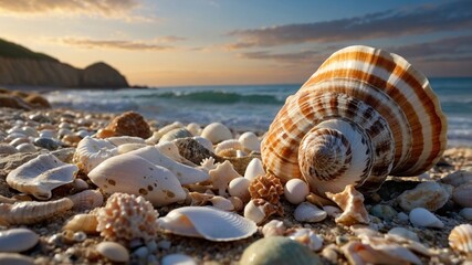 A serene beach scene showcasing a variety of seashells scattered on the sand with gentle waves lapping at the shore during sunset