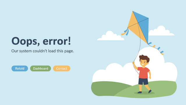 Friendly 404 Error Page Template Vector. Oops, System Couldn't Load This Page Message with Cartoon Boy Flying Kite. UX UI Empty State Design.