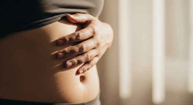 Woman holding her belly feeling stomach ache or early pregnancy