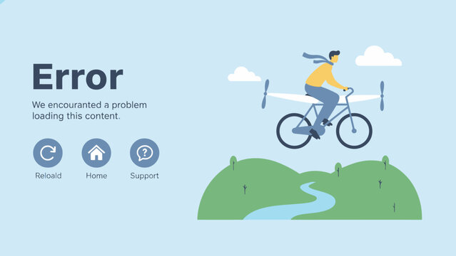 Website Error 404 Page Template Illustration. Funny Disconnection Concept: Man Flying on Propeller Bicycle over Landscape.