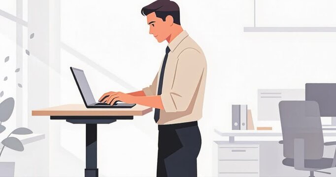 Man working on laptop standing at adjustable desk office environment