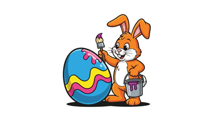 An adorable orange bunny is painting a large blue Easter egg with colorful wavy stripes and pink drips.