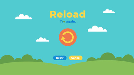 Obraz premium Reload Try Again Screen Interface Vector. Cute Network Error Page Design with Retry Button, Cancel Option, and Refresh Icon on a Cheerful Landscape Background.