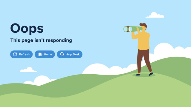 Oops Page Not Responding Error 503 Screen UI/UX. Man searching with binoculars on a green hill. Broken server connection or lost network path vector illustration.