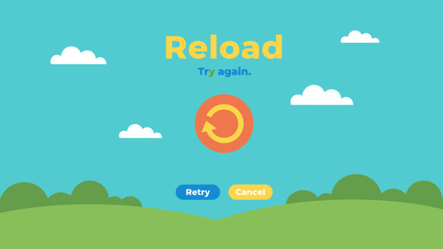 Reload Try Again Screen Interface Vector. Cute Network Error Page Design with Retry Button, Cancel Option, and Refresh Icon on a Cheerful Landscape Background.