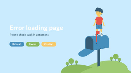 Fototapeta premium Website Error Loading Page Banner Illustration. Cute Boy Standing on Mailbox. Connection Problem, 404 Screen Template, Internet Failure Message UI/UX.