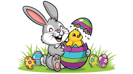 A cheerful cartoon Easter bunny is hugging a newly hatched chick emerging from a colorful striped egg, surrounded by decorated Easter eggs and green grass.