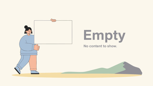 Modern Empty State Illustration: Woman Holding Blank Sign for Zero Results, No Content Found Screen, or Placeholder Message.