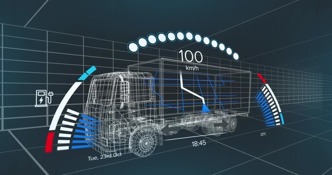 Animation of speedometer over electric truck project on navy background
