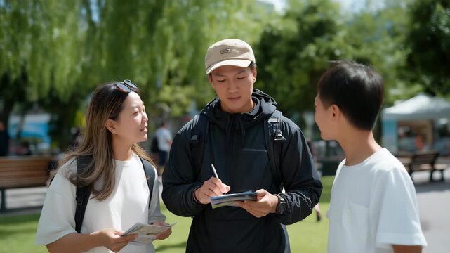 A group of enthusiastic volunteers gathers in a park, eagerly distributing flyers about a local charity fundraiser, attracting the attention of families enjoying a sunny afternoon. cinematic color