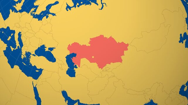 Kazakhstan on Globe. Animated zoom into the country in Ocean Blue Golden Yellow color palette. Kazakhstan logo animation. Map with meridians, parallels. Trending video.