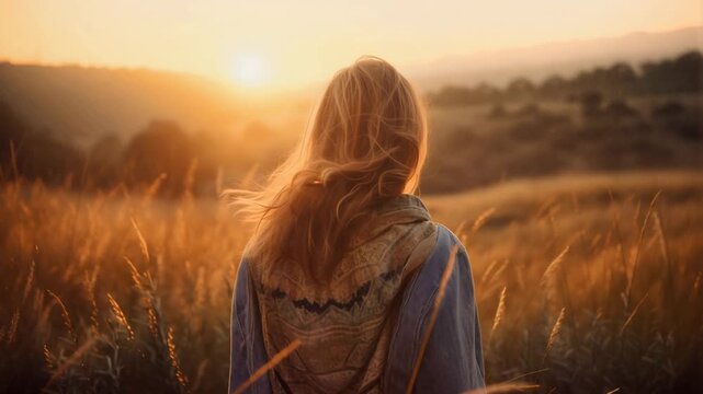 Woman standing in a sunlit meadow at dusk breathing calmly and embracing the open space conveying mindfulness freedom and peaceful solitude