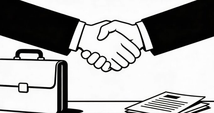 Animated handshake agreement concept on desk with briefcase document