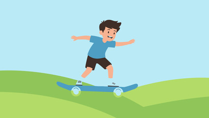 Obraz premium Happy little boy riding a skateboard down a green grassy hill. Child enjoying outdoor summer sport and healthy activity illustration.