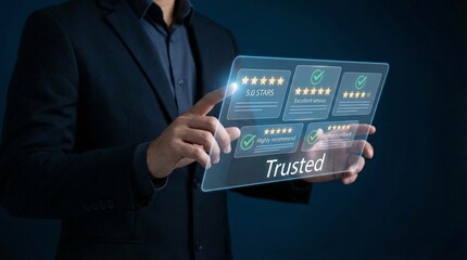 A businessman in a suit holds a transparent digital tablet with a trusted rating and verification icons