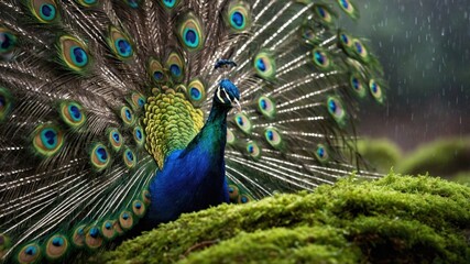 Obraz premium Majestic peacock displaying its vibrant feathers in a lush, rainy forest setting with greenery