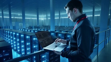 IT engineer man working in data server center using laptop - Technology concept - Model by AI generative - Powered by Adobe