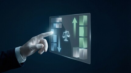 A hand in a business suit interacting with a futuristic digital interface displaying balance and growth icons