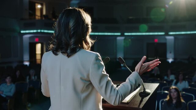 Female speaker in audience hall - Business seminar, crowd of people and presentation concept - Models by AI generative