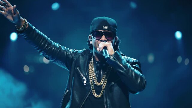 Rap singer performing on stage -  Hip hop male artist singing on concert in night club - Model by AI generative