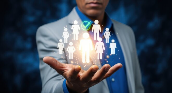 Human Resources Recruitment: Businessman Presents Glowing Candidate Icons in Hand for Job Selection