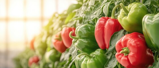 Ripening bell peppers grow in a modern greenhouse, with rows of red and green vegetables bathed in warm sunlight.